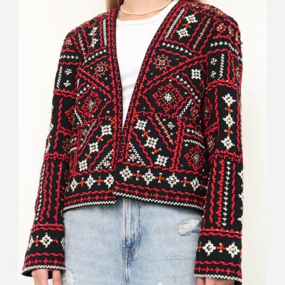 Zara Black Red Embroidered Beaded Open Front Crop Blazer Ethnic Dressy Statement - Picture 16 of 16
